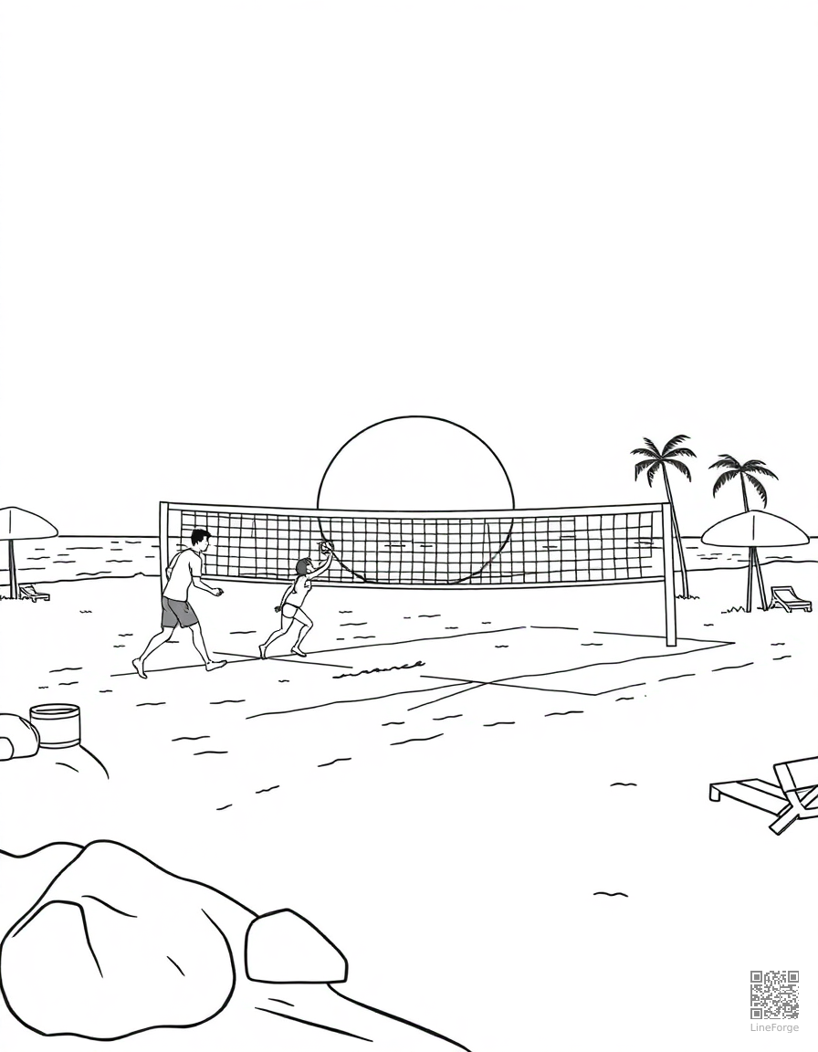 beach volleyball game at sunset coloring page Contour style - free printable
