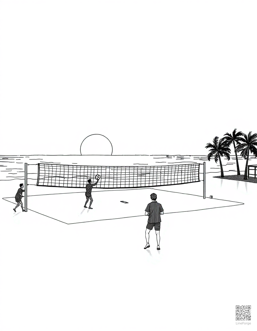 beach volleyball game at sunset coloring page Crosshatch style - free printable