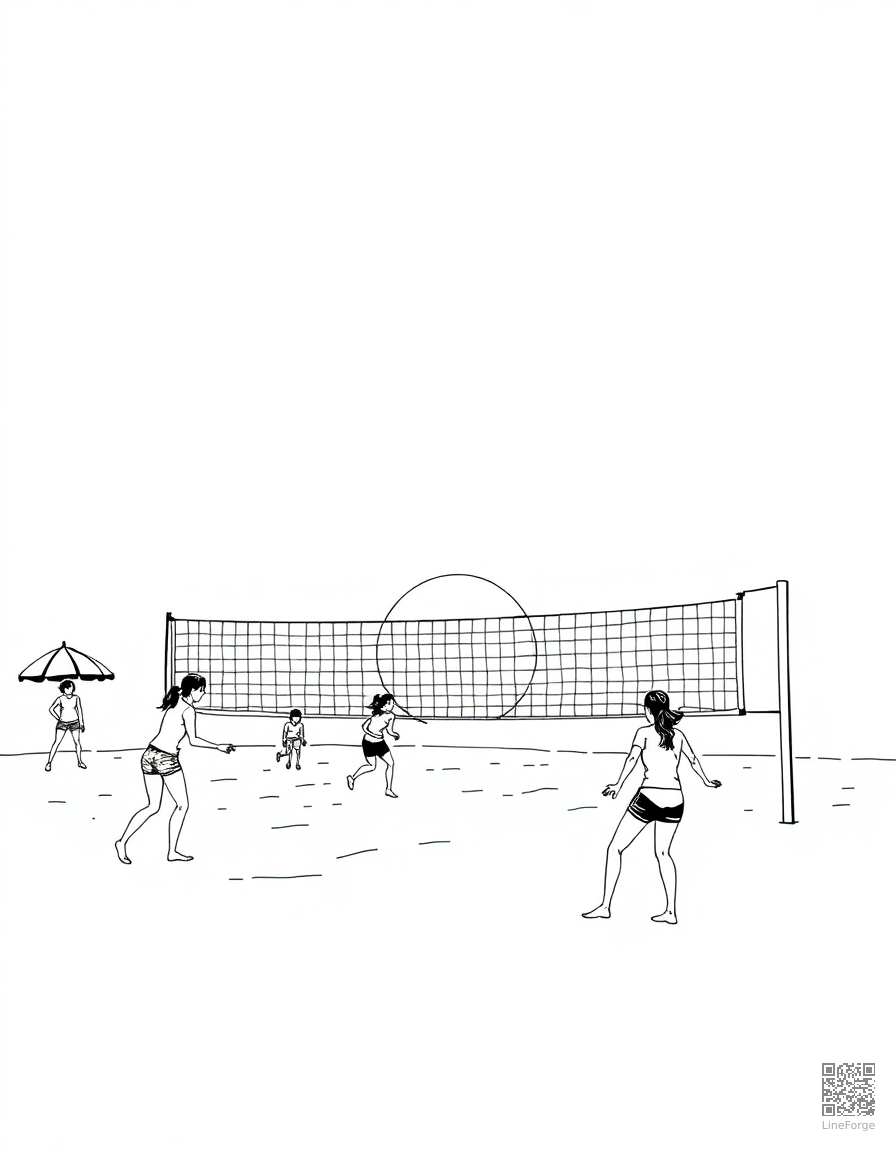 beach volleyball game at sunset coloring page Manga style - free printable