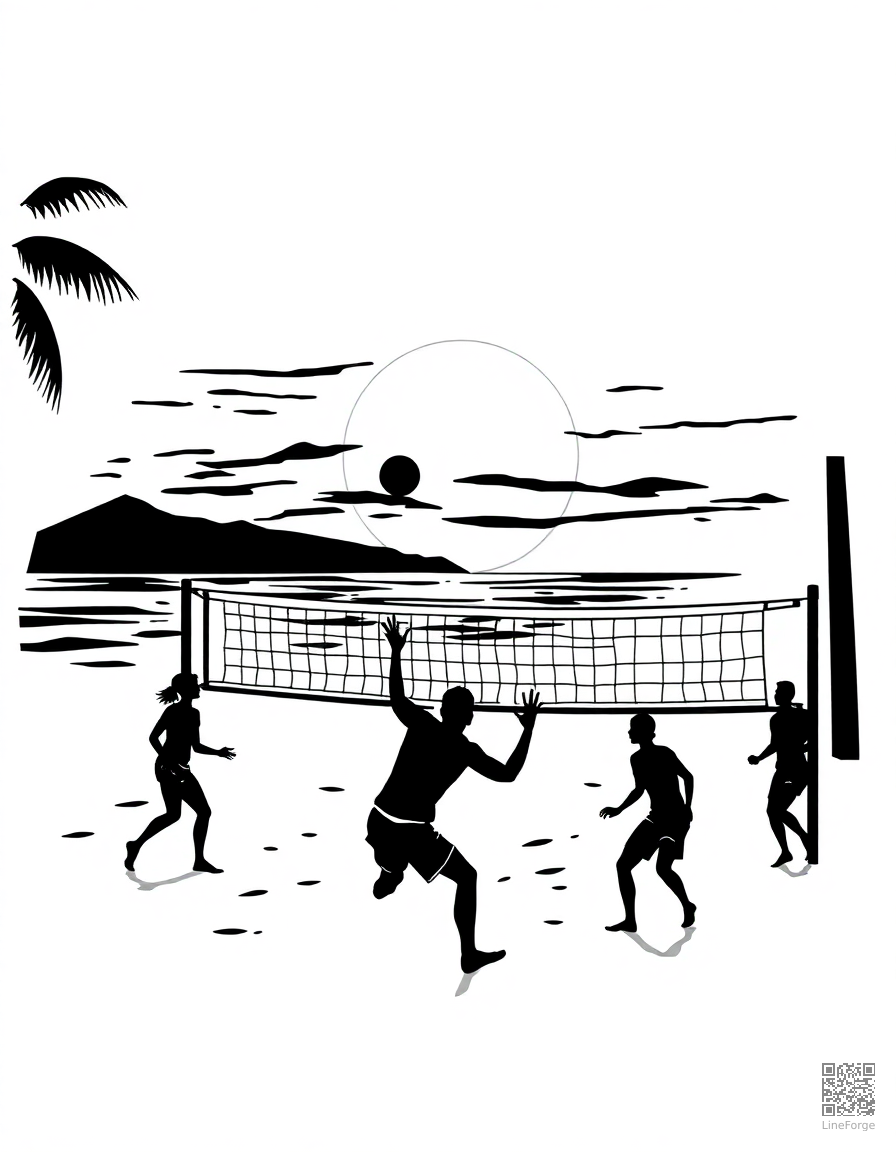 beach volleyball game at sunset coloring page Woodcut style - free printable