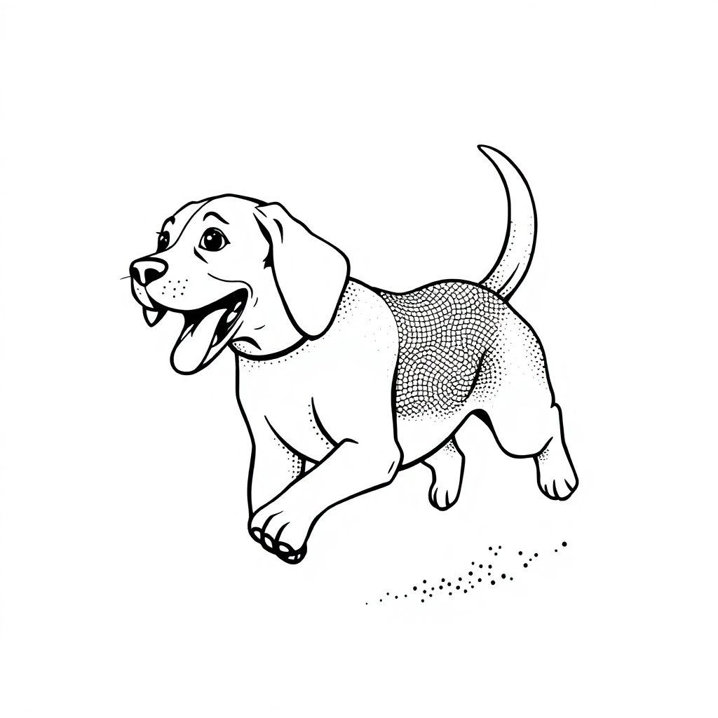 Beagle dog — playing and running, energetic and joyful coloring page Stipple style - free printable