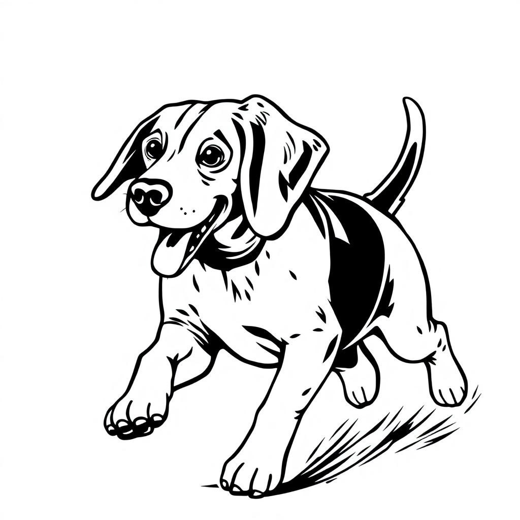 Beagle dog — playing and running, energetic and joyful coloring page Woodcut style - free printable