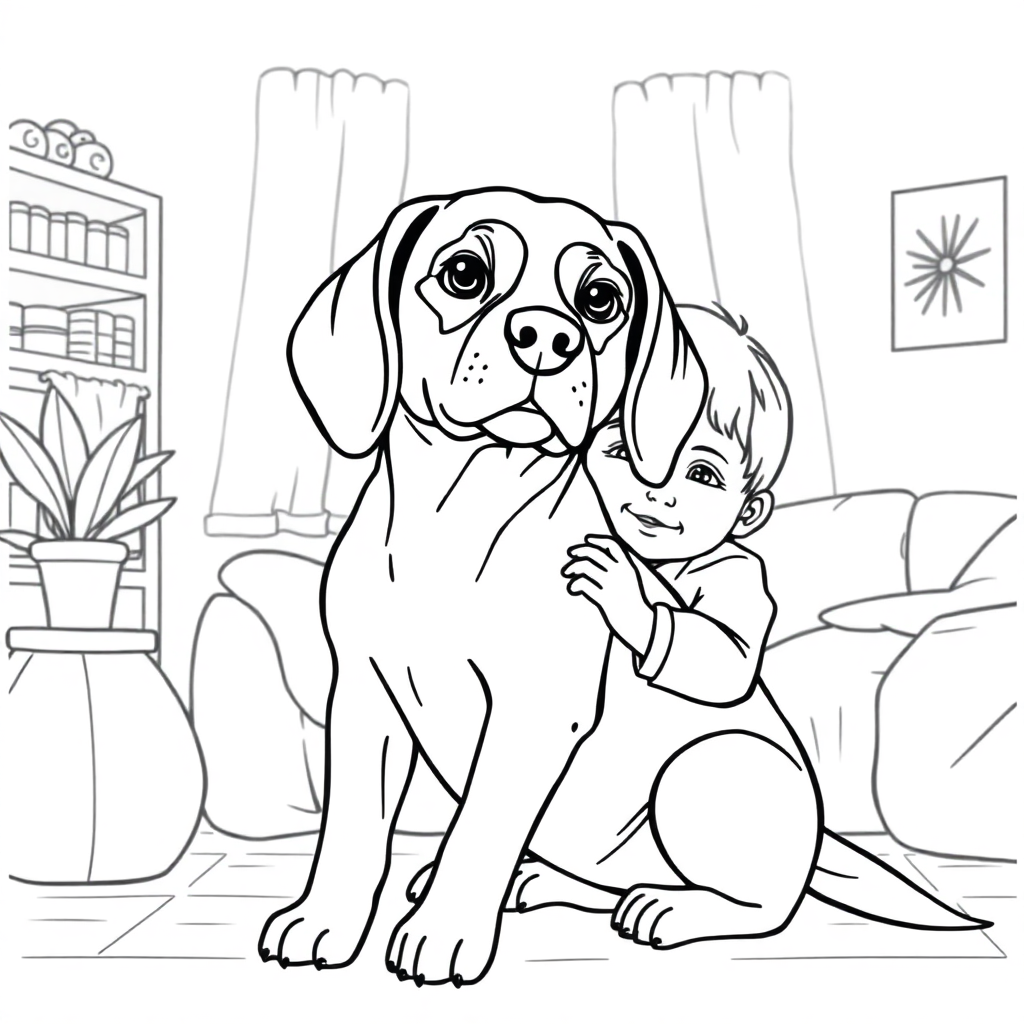 Beagle dog — with a young child in a cozy home setting coloring page Contour style - free printable