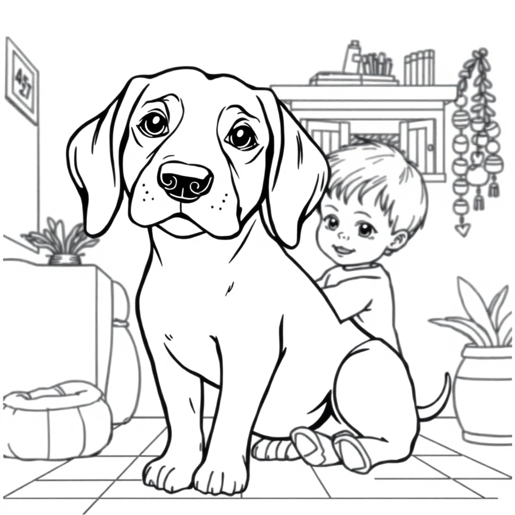 Beagle dog — with a young child in a cozy home setting coloring page Manga style - free printable