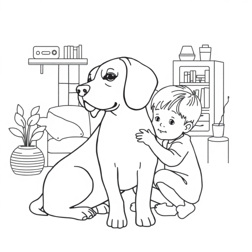 Beagle dog — with a young child in a cozy home setting coloring page Minimal style - free printable