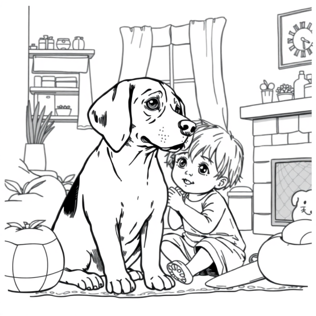 Beagle dog — with a young child in a cozy home setting coloring page Rockwell style free printable