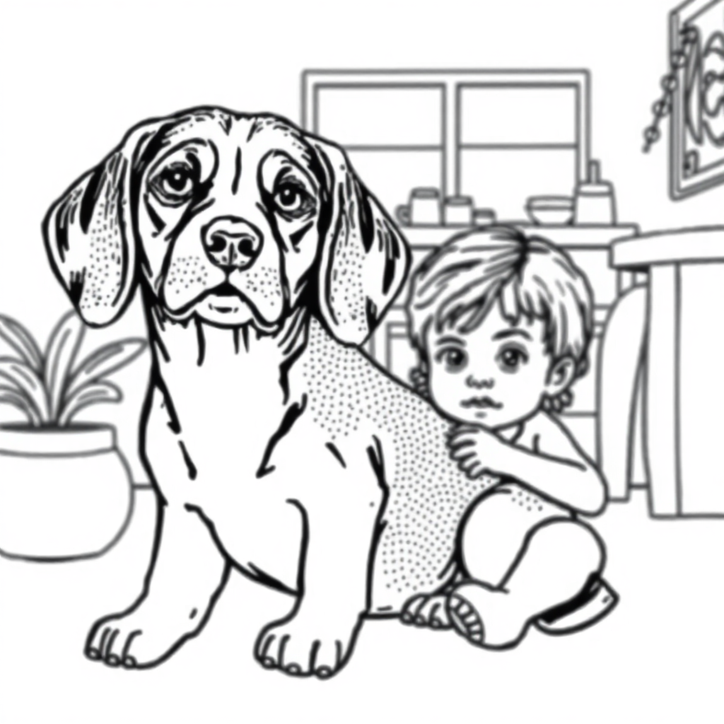 Beagle dog — with a young child in a cozy home setting coloring page Stipple style - free printable