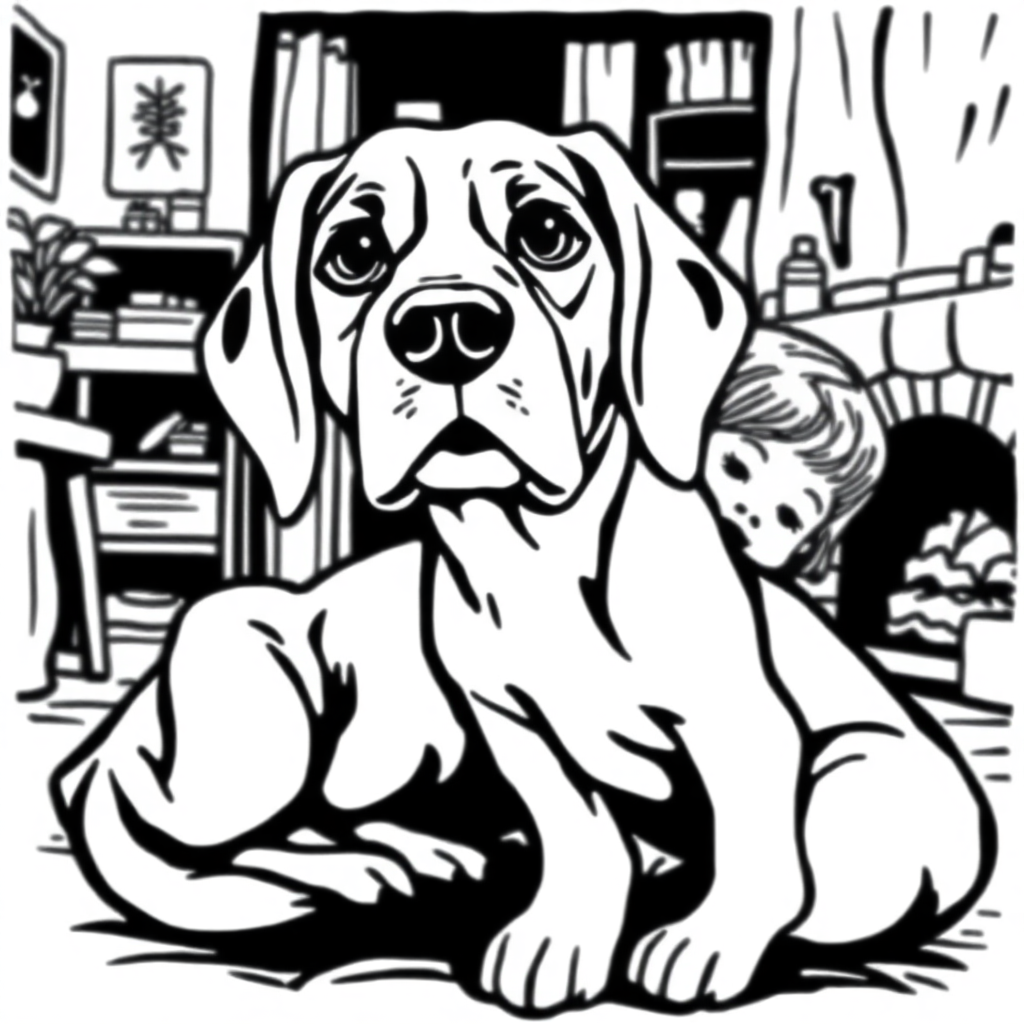 Beagle dog — with a young child in a cozy home setting coloring page Woodcut style - free printable