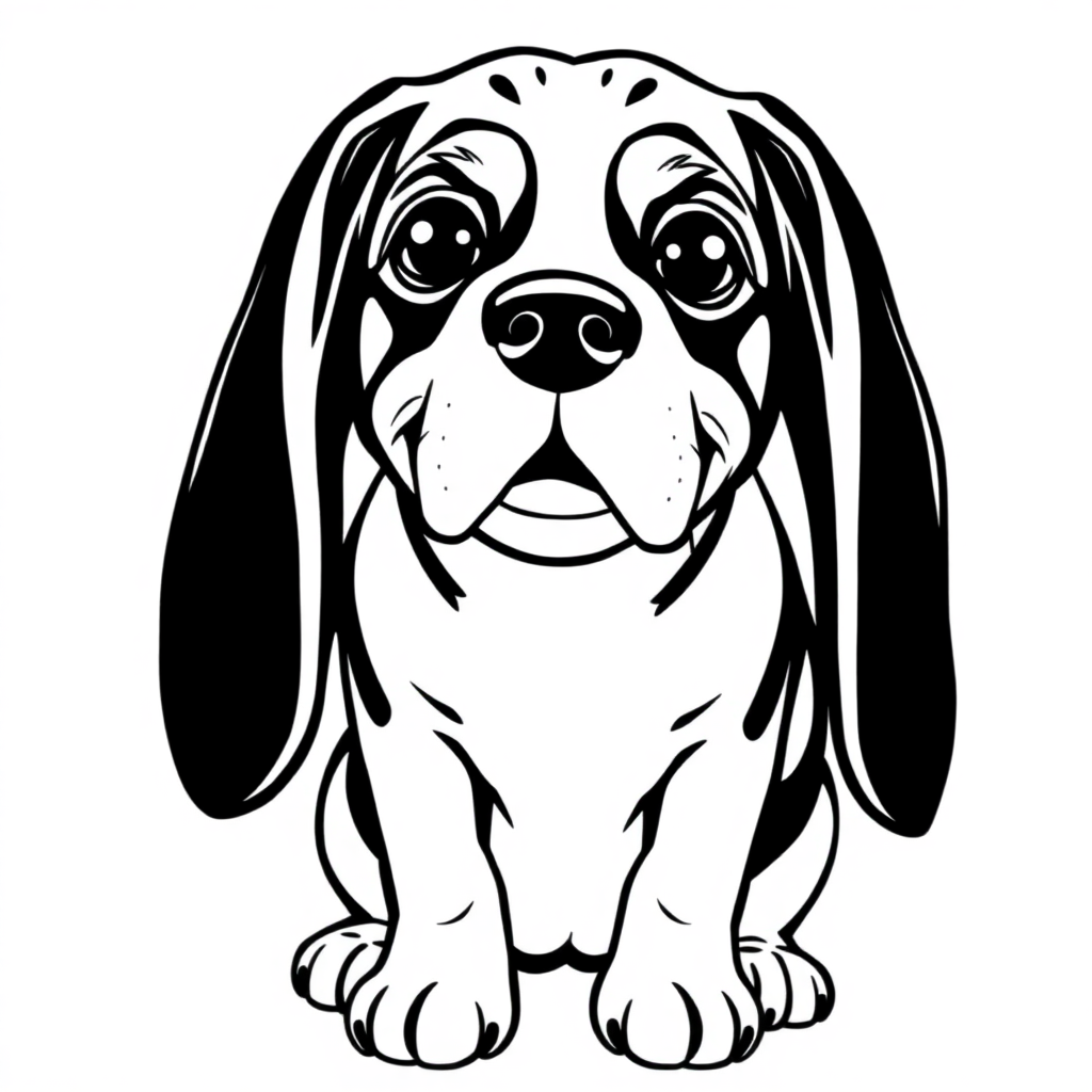Beagle dog — sitting portrait, looking at viewer, friendly expression coloring page Manga style - free printable