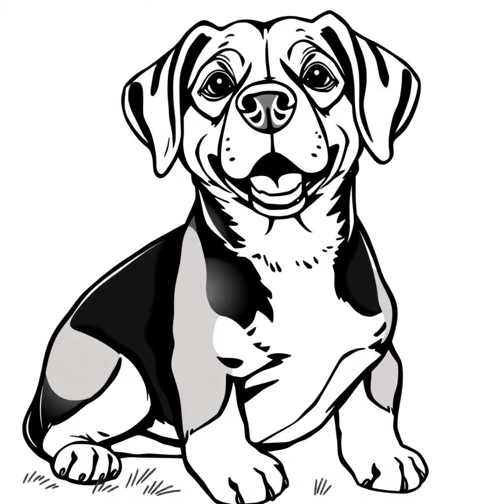 Beagle dog — sitting portrait, looking at viewer, friendly expression coloring page Rockwell style free printable