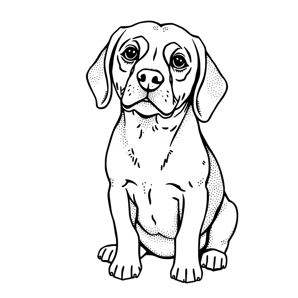 Beagle dog — sitting portrait, looking at viewer, friendly expression coloring page Stipple style - free printable