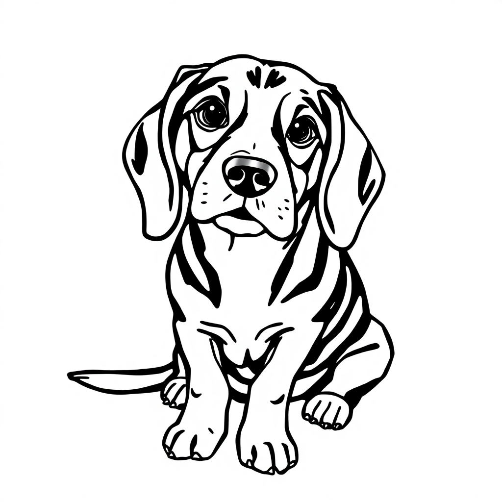 Beagle dog — sitting portrait, looking at viewer, friendly expression coloring page Woodcut style - free printable