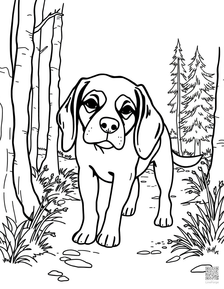 beagle sniffing a trail through the woods coloring page Contour style - free printable