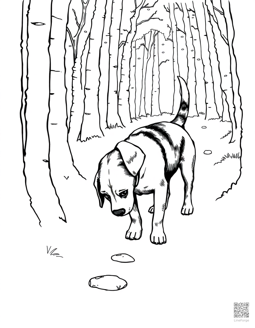 beagle sniffing a trail through the woods coloring page Crosshatch style - free printable