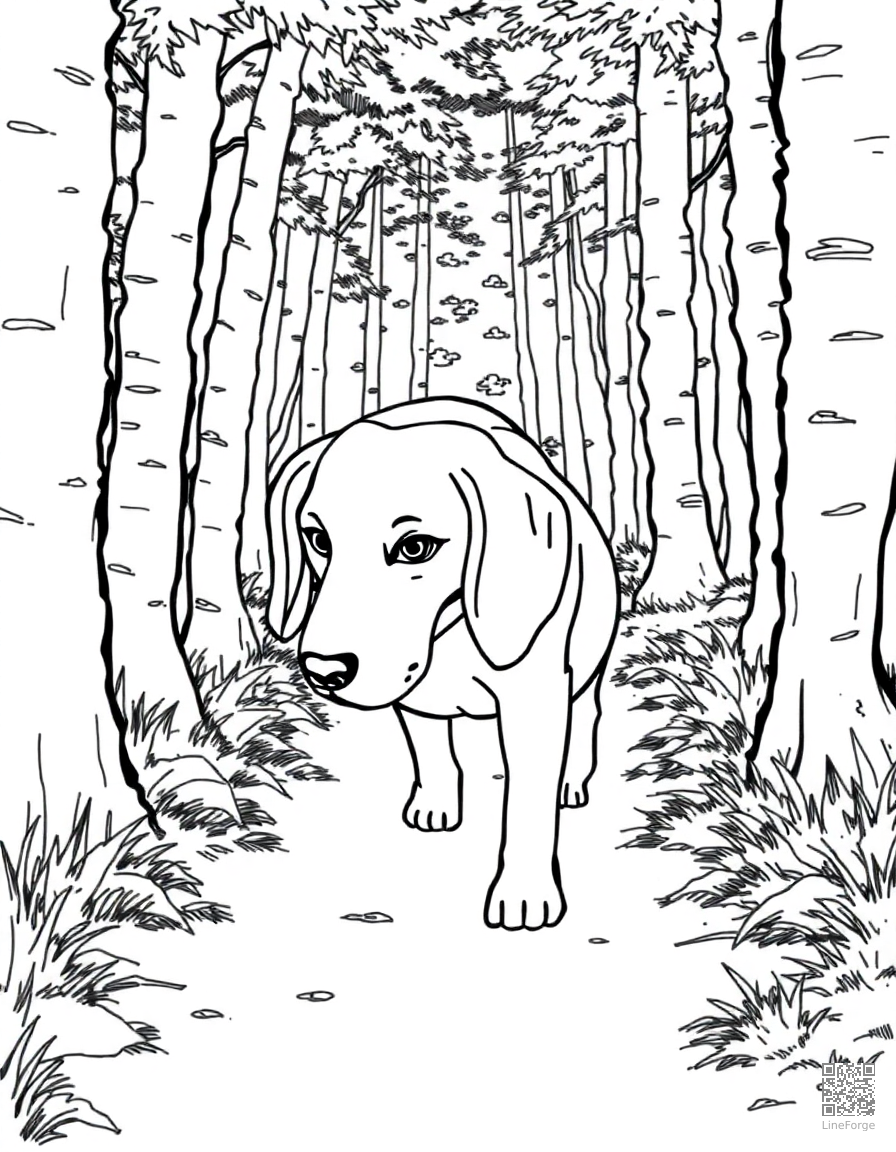 beagle sniffing a trail through the woods coloring page Manga style - free printable