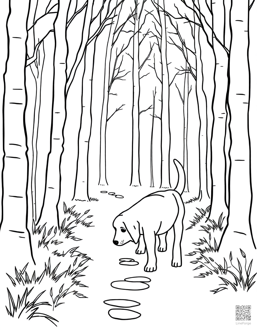 beagle sniffing a trail through the woods coloring page Minimal style - free printable