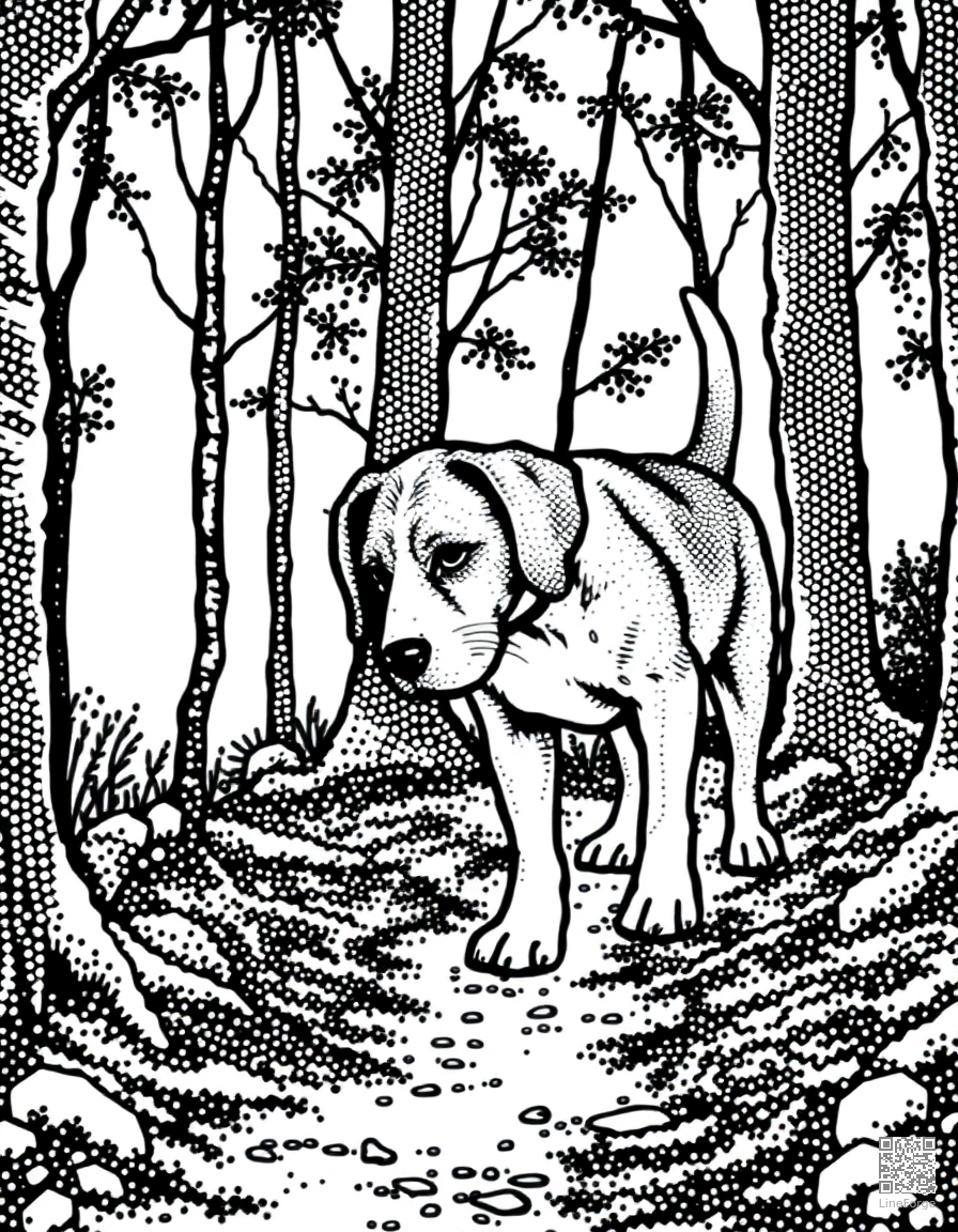 beagle sniffing a trail through the woods coloring page Stipple style - free printable
