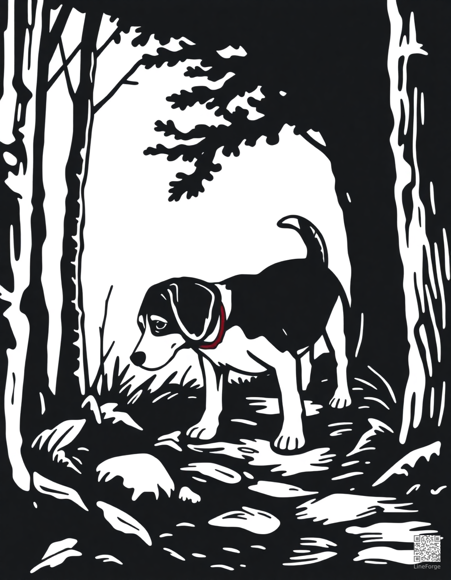 beagle sniffing a trail through the woods coloring page Woodcut style - free printable