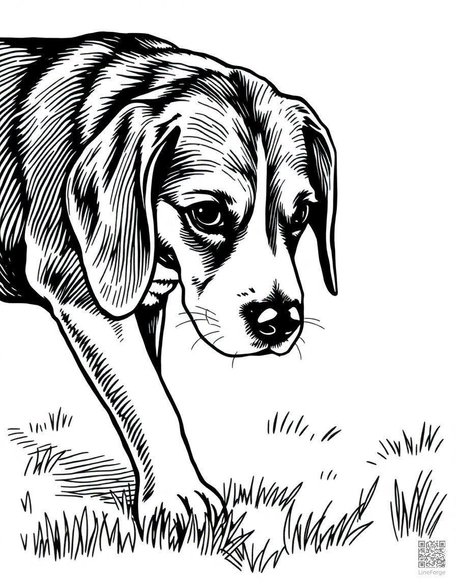 Beagle sniffing the ground coloring page Crosshatch style - free printable