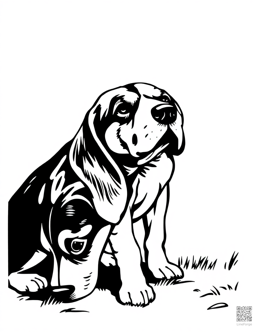 Beagle sniffing the ground coloring page Woodcut style - free printable
