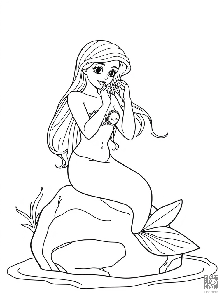 Free beautiful mermaid sitting on a rock combing her hair coloring page in contour style — printable line art