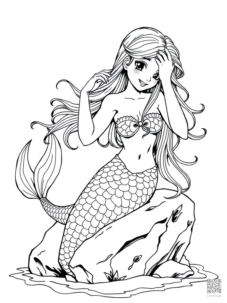 Free beautiful mermaid sitting on a rock combing her hair coloring page in manga style — printable line art