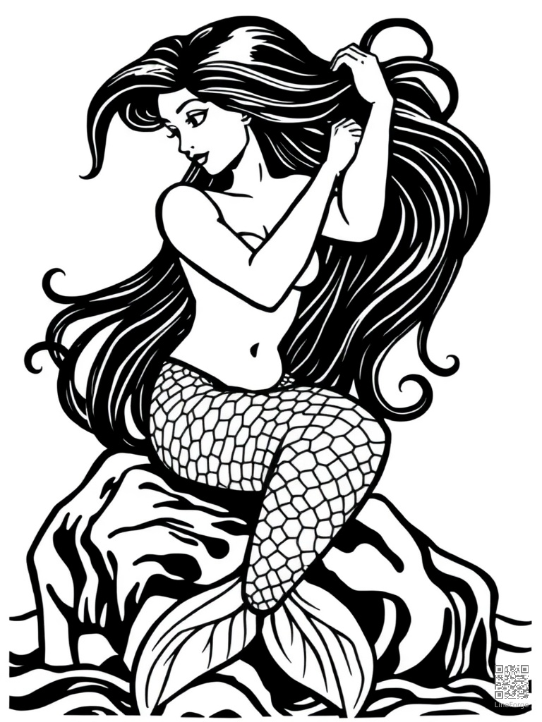 Free beautiful mermaid sitting on a rock combing her hair coloring page in woodcut style — printable line art