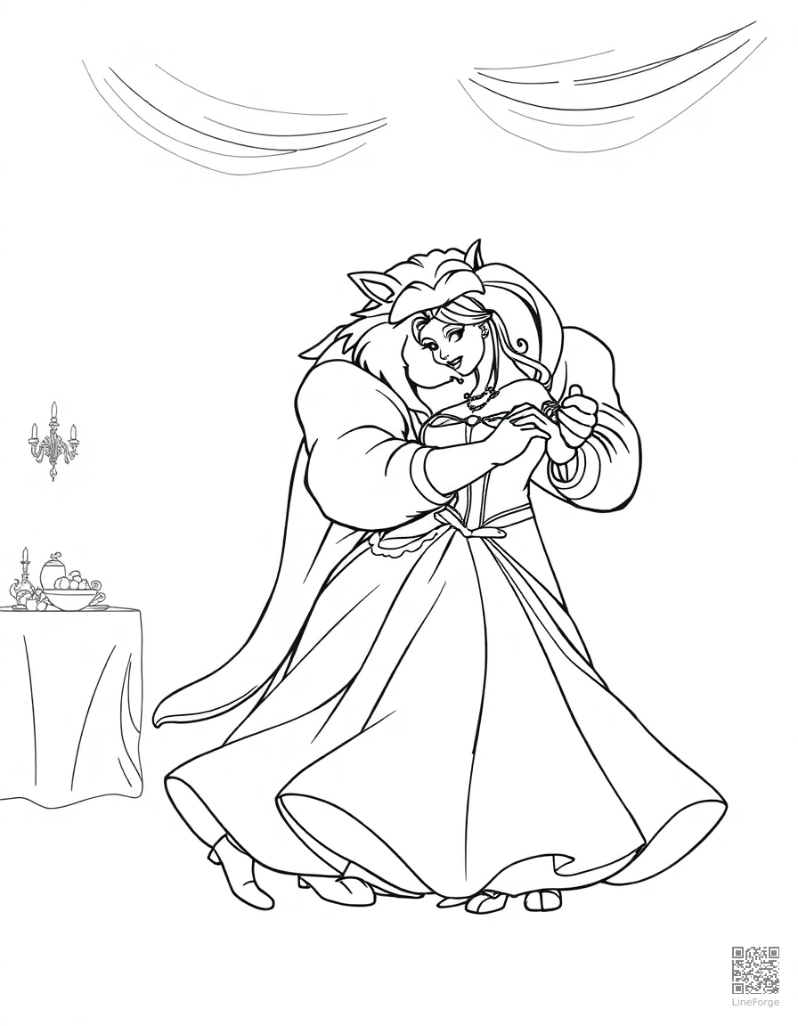 Free beauty and the beast dancing in the ballroom coloring page in contour style — printable line art