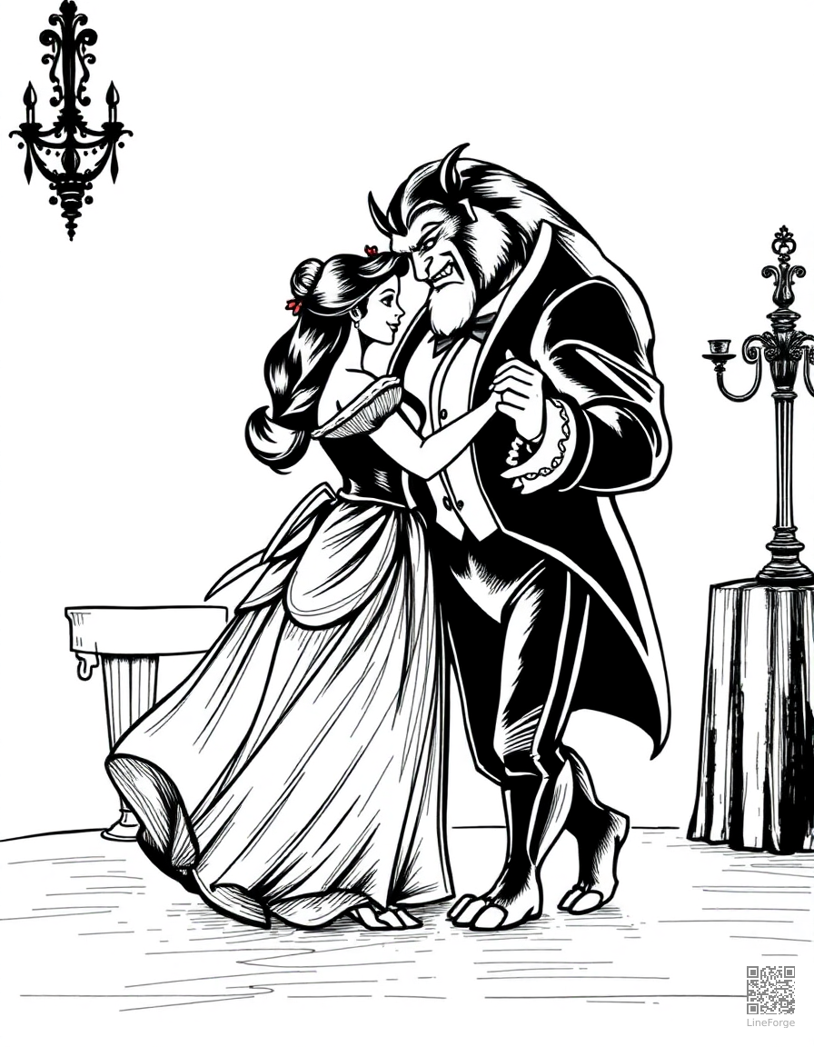 beauty and the beast dancing in the ballroom coloring page Crosshatch style free printable