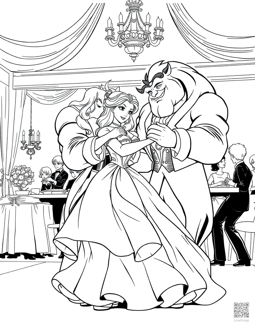 beauty and the beast dancing in the ballroom coloring page Manga style free printable