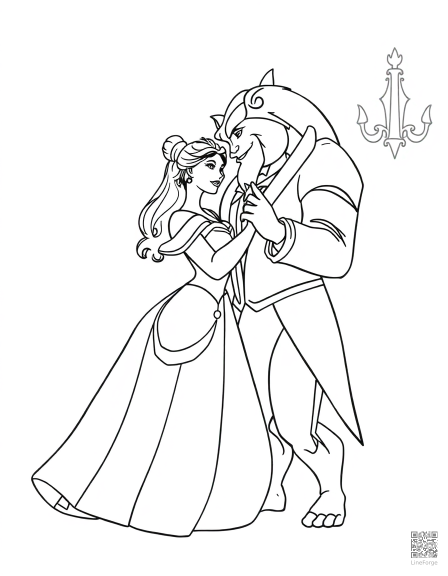 Free beauty and the beast dancing in the ballroom coloring page in minimal style — printable line art