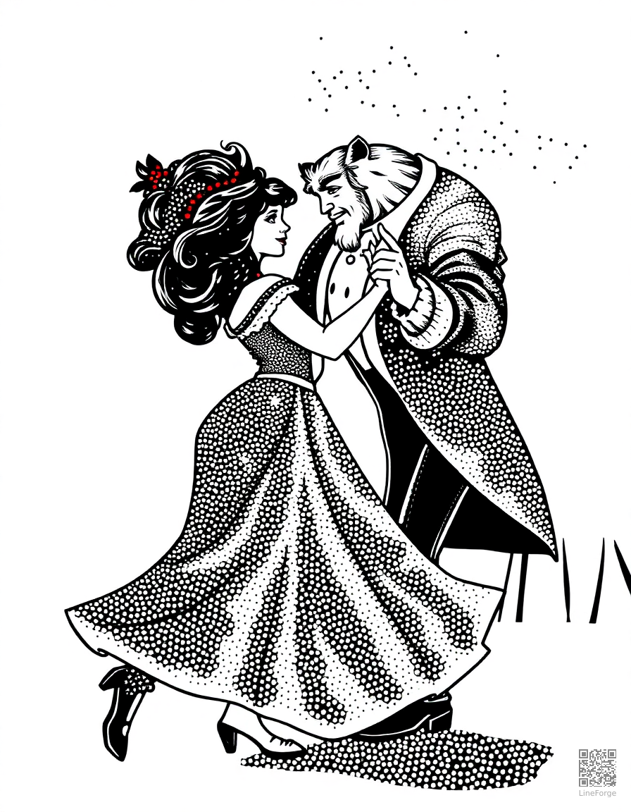 beauty and the beast dancing in the ballroom coloring page Stipple style free printable