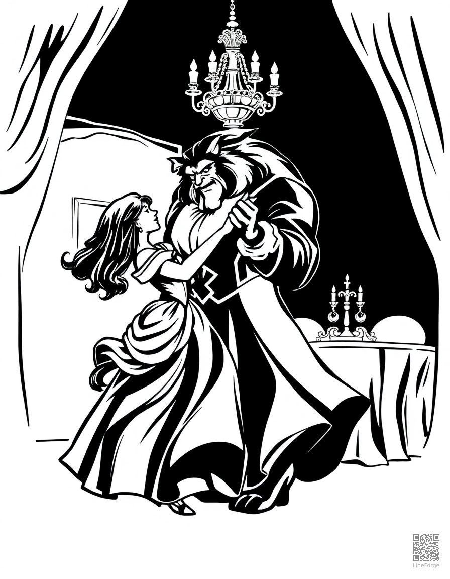 beauty and the beast dancing in the ballroom coloring page Woodcut style free printable