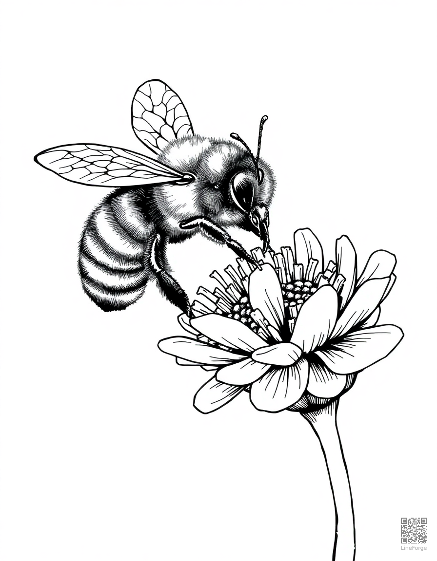 bee collecting pollen from a flower coloring page Crosshatch style - free printable