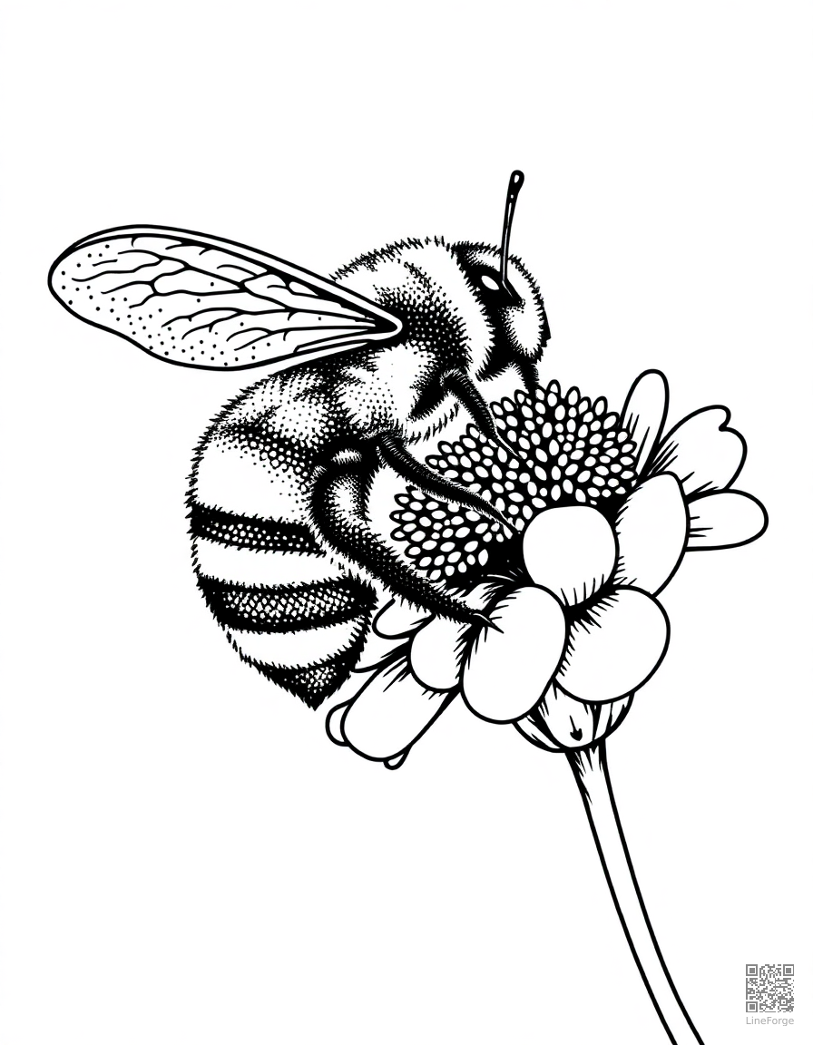 bee collecting pollen from a flower coloring page Stipple style - free printable