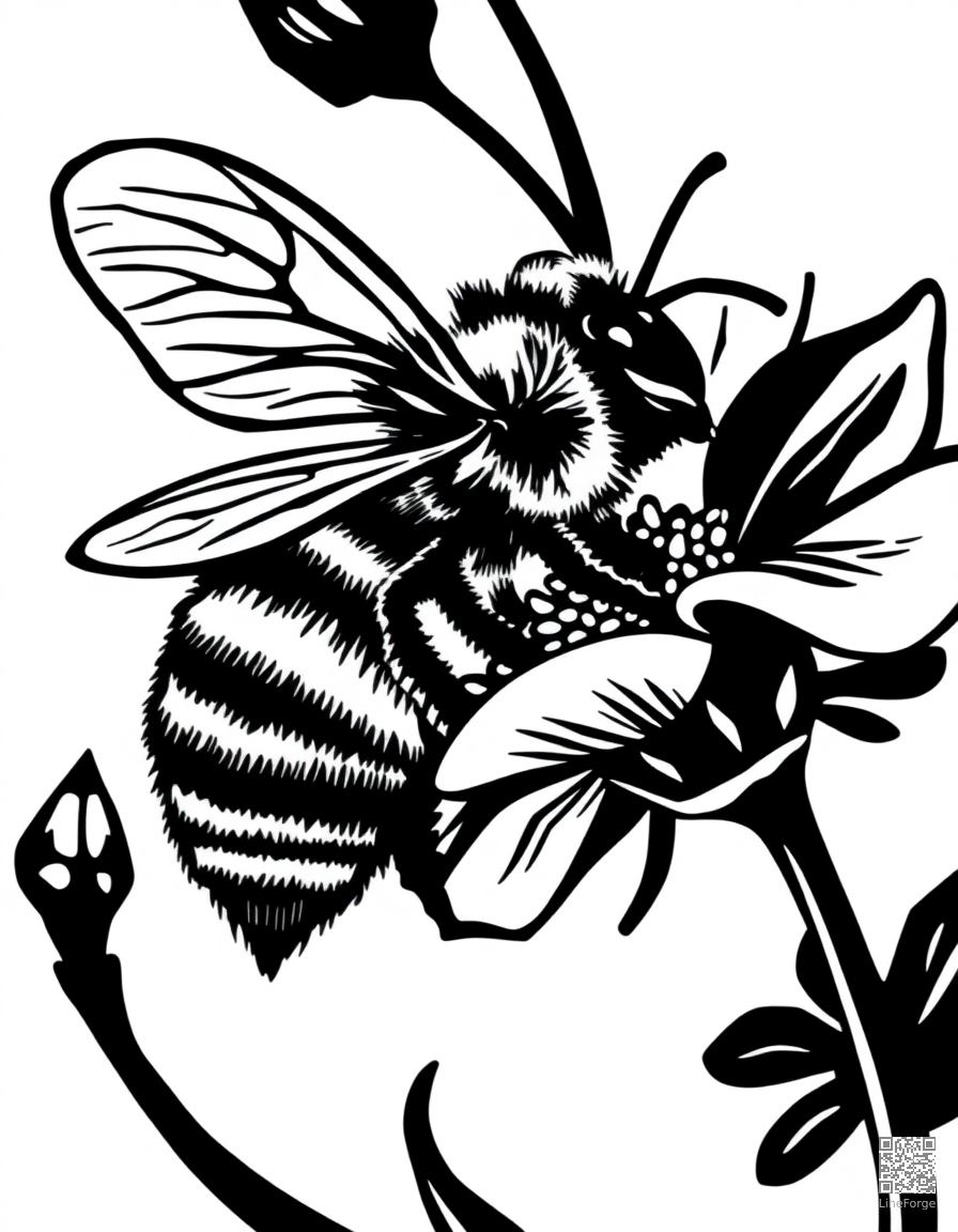 bee collecting pollen from a flower coloring page Woodcut style - free printable