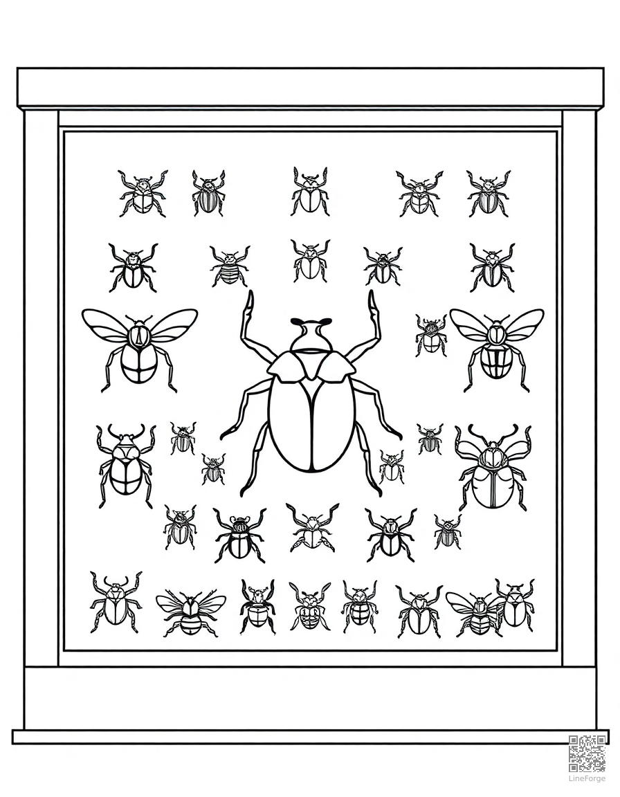 beetle collection display case coloring page Contour style - free printable
