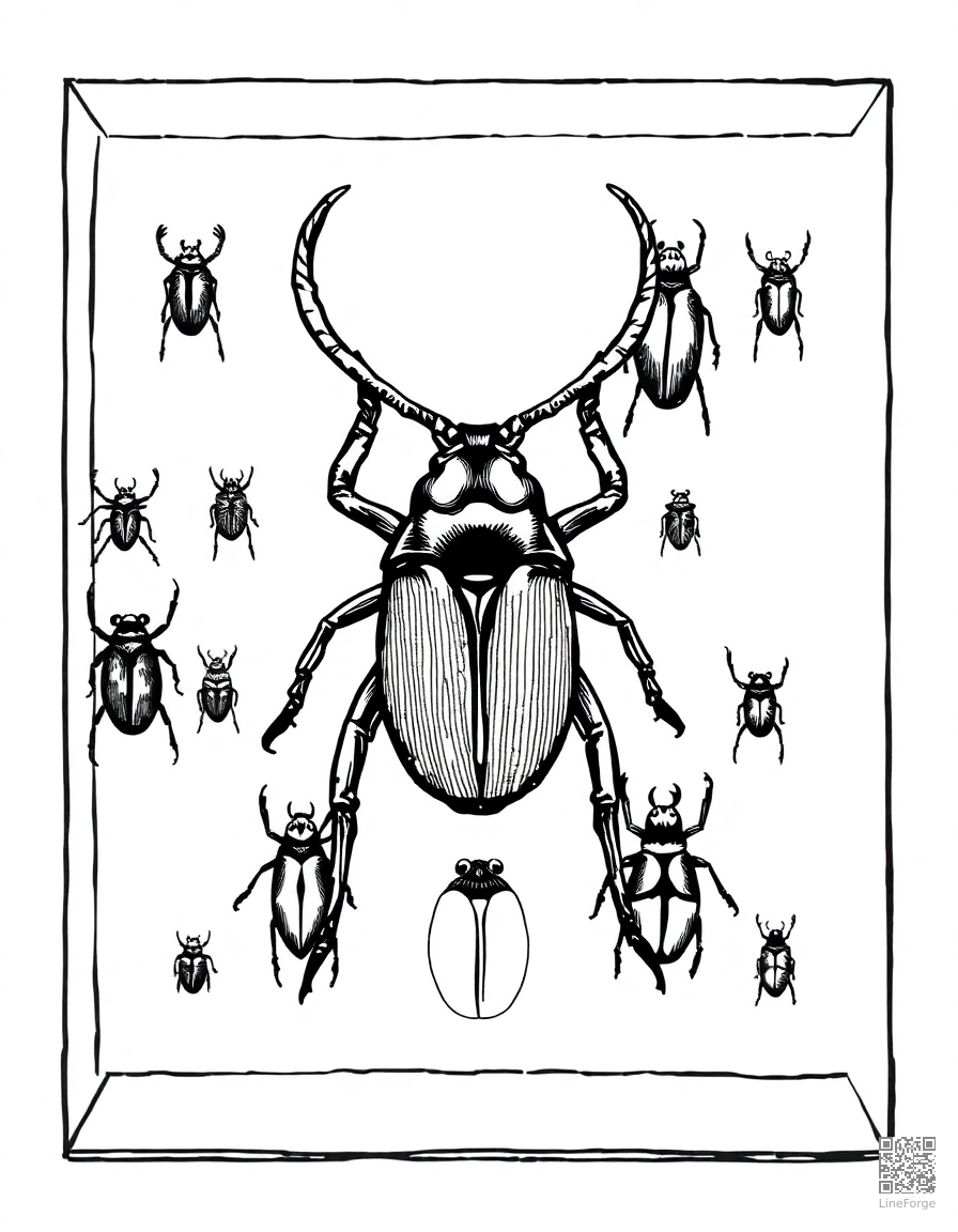 beetle collection display case coloring page Crosshatch style - free printable