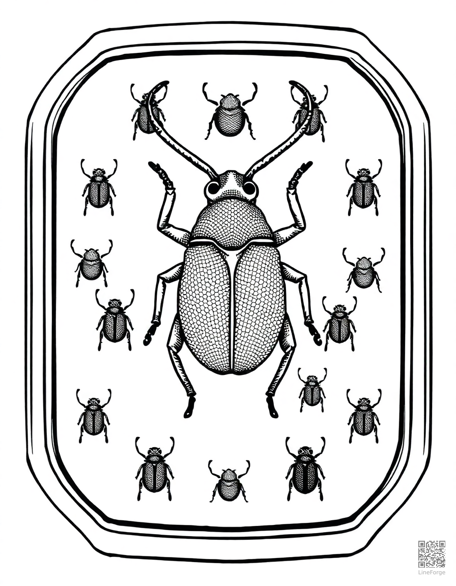 beetle collection display case coloring page Stipple style - free printable