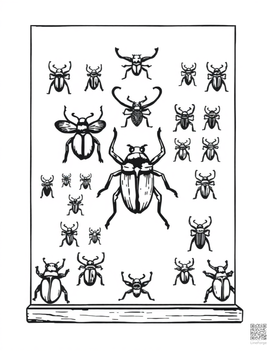 beetle collection display case coloring page Woodcut style - free printable