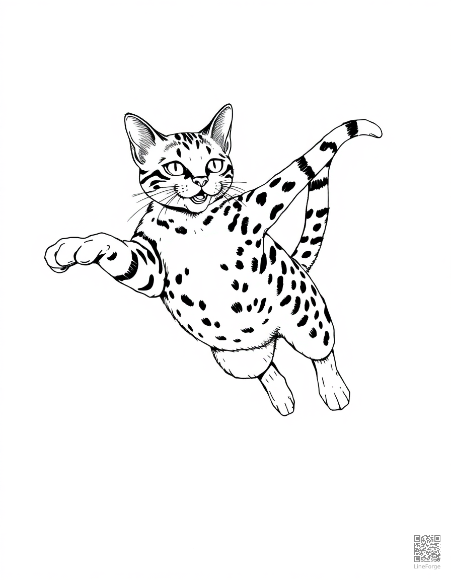bengal cat leaping through the air coloring page Crosshatch style - free printable