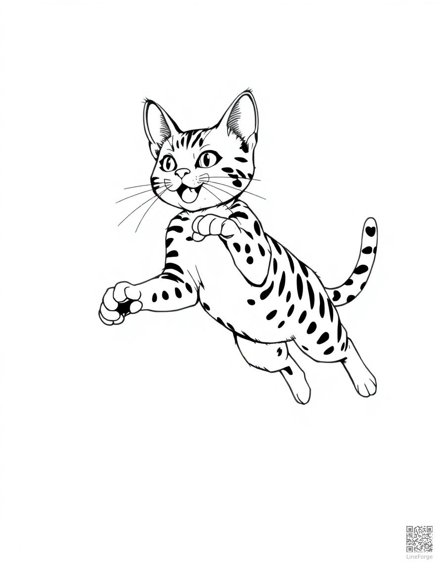bengal cat leaping through the air coloring page Manga style - free printable