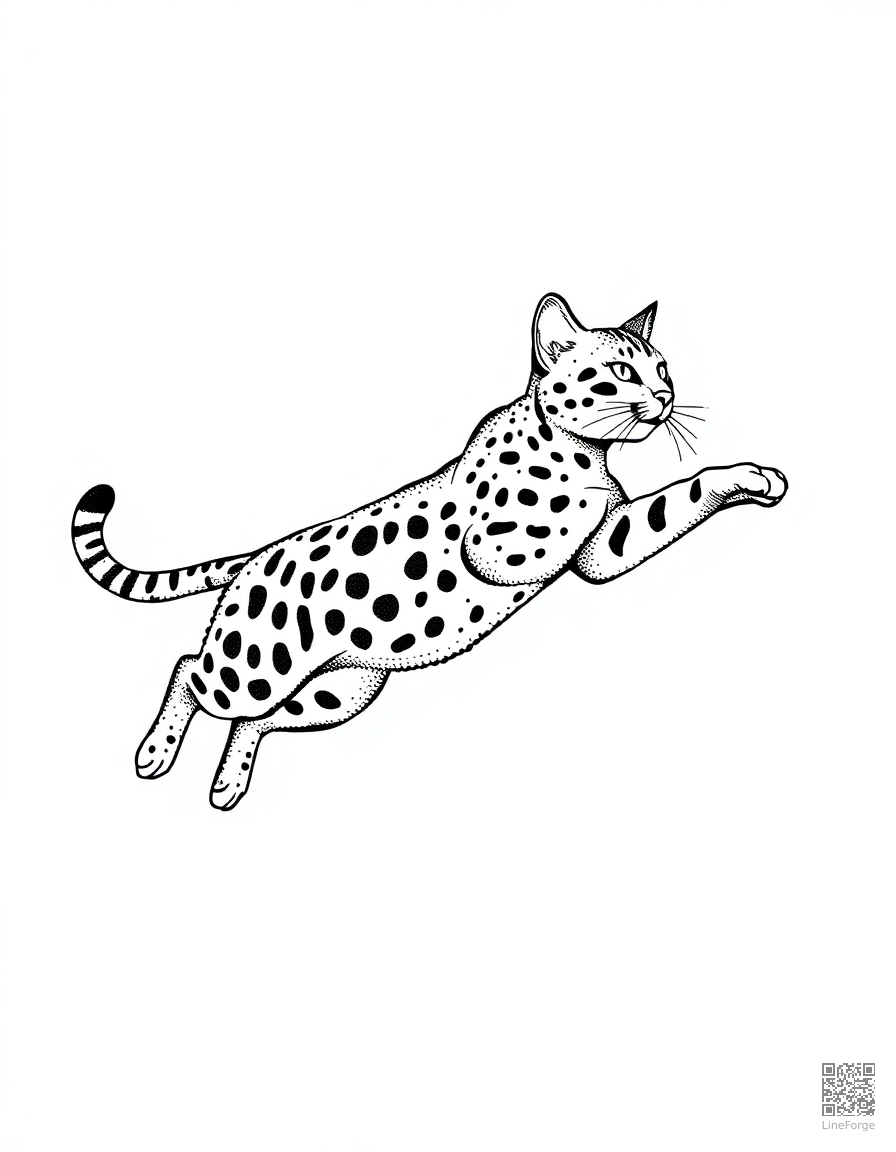 bengal cat leaping through the air coloring page Stipple style - free printable