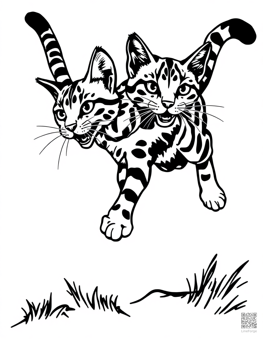 bengal cat leaping through the air coloring page Woodcut style - free printable