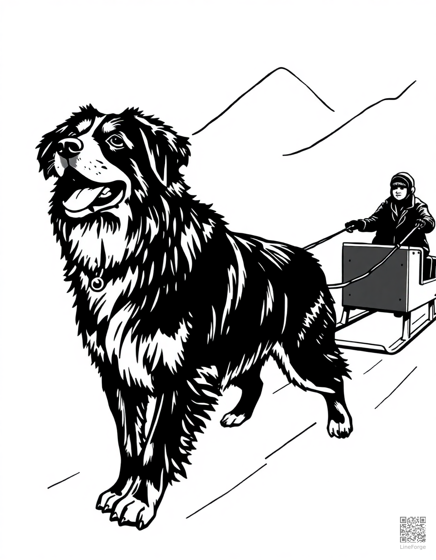 bernese mountain dog pulling a sled coloring page Woodcut style - free printable