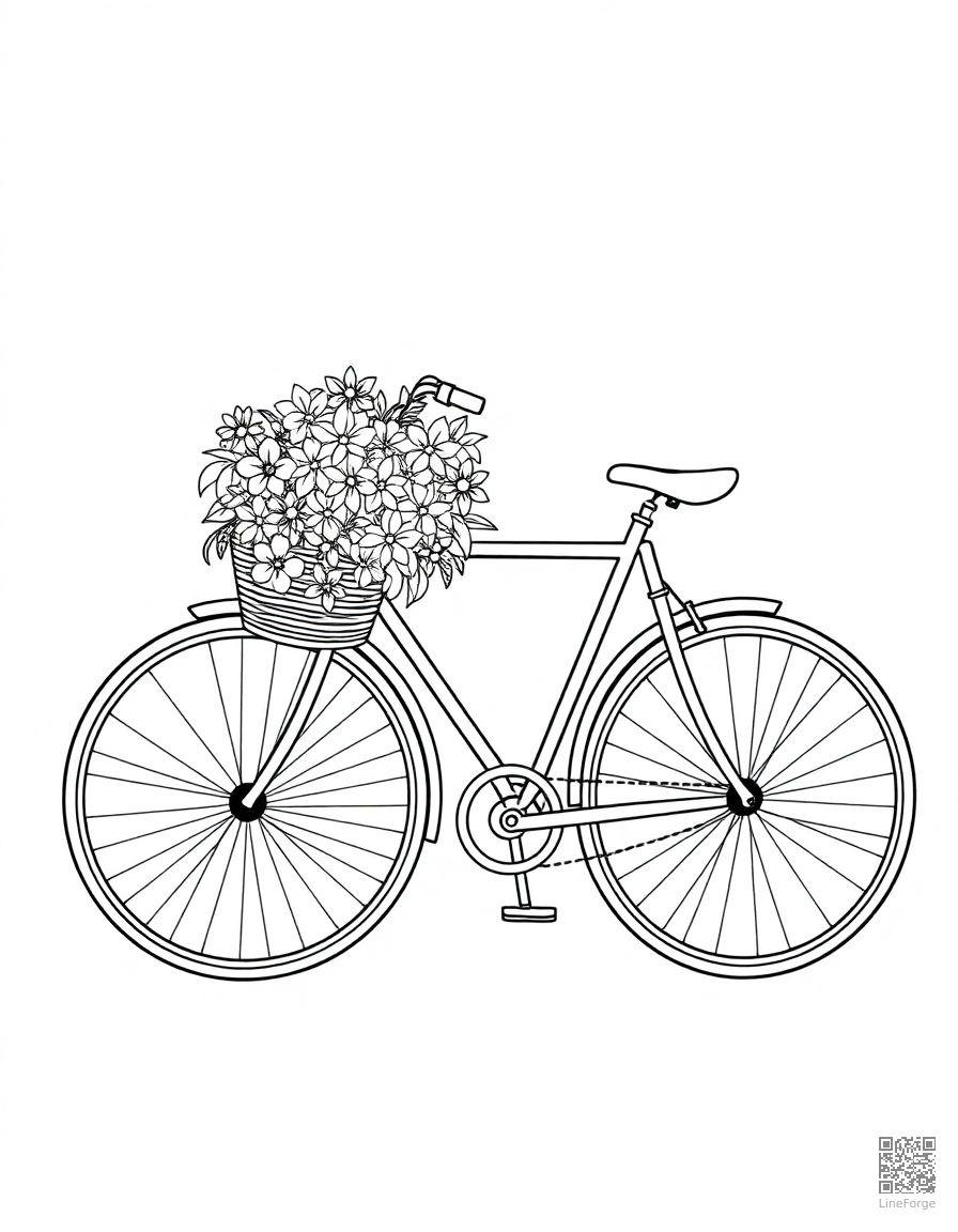 bicycle with a basket of flowers coloring page Contour style - free printable