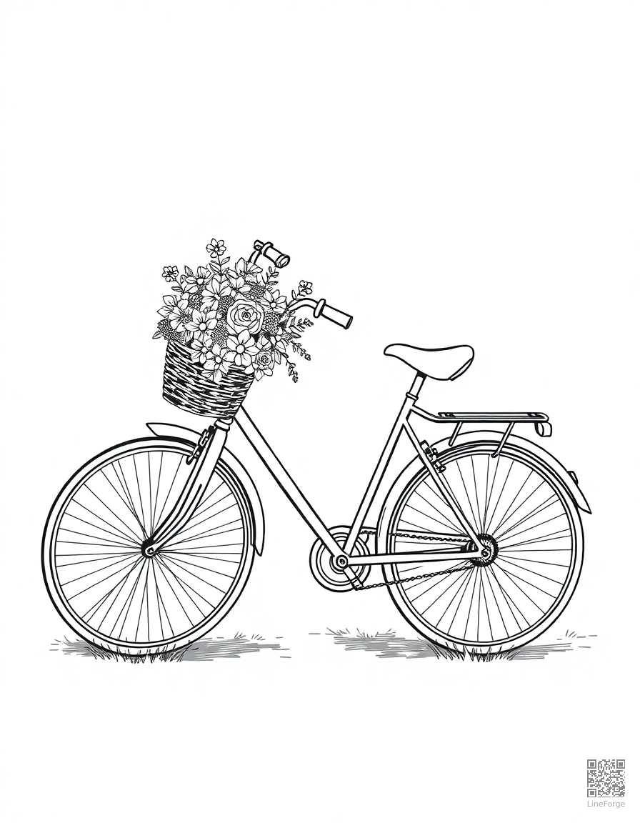 bicycle with a basket of flowers coloring page Crosshatch style - free printable