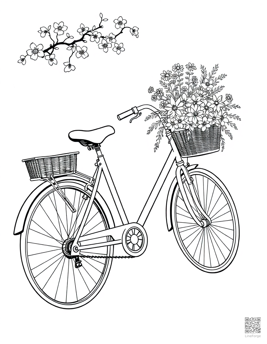 bicycle with a basket of flowers coloring page Manga style - free printable