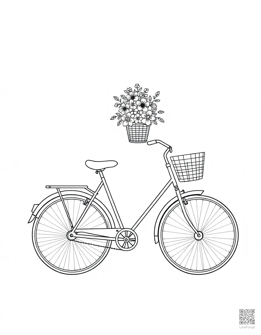 bicycle with a basket of flowers coloring page Minimal style - free printable