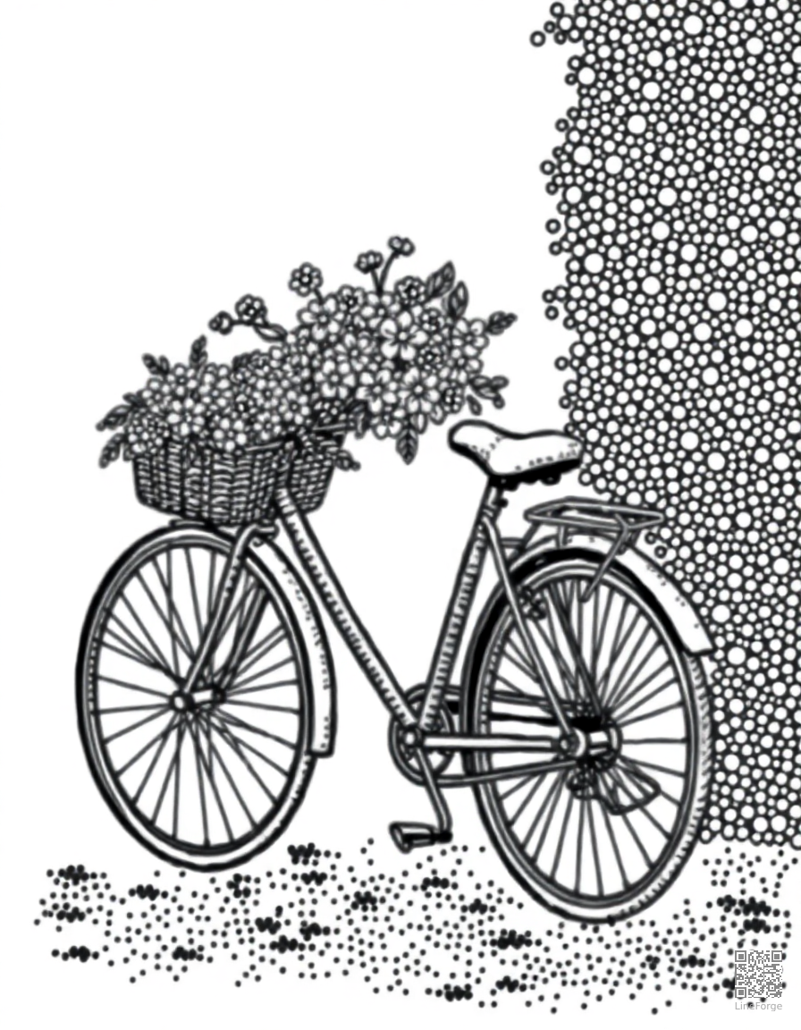 bicycle with a basket of flowers coloring page Stipple style - free printable
